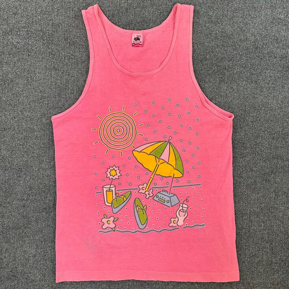 Vtg 90’s Unisex Neon Hot Pink Beach Tank Top Pool Cover Up Single Stitch L
